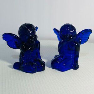 VTG Two Cobalt Blue Glass Sitting Angel Cherub Taper Candle Holders 5"x 5"x 5"